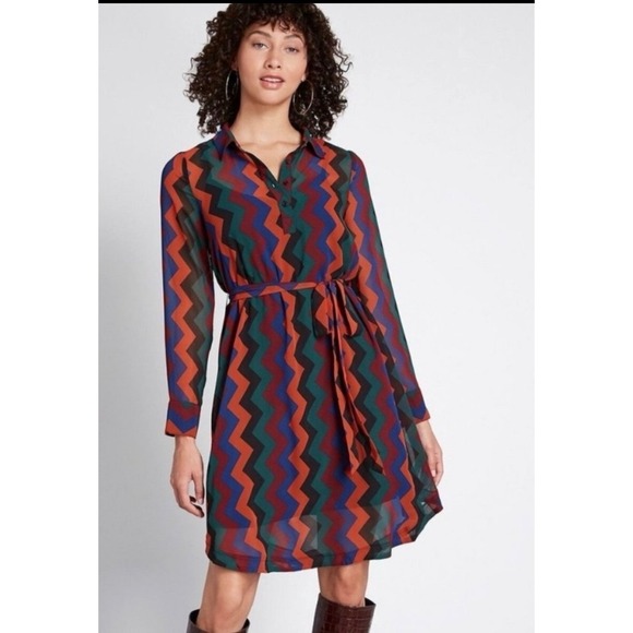 Modcloth Dresses & Skirts - ModCloth Chevron Shirt Dress XL Multicolor Zig Zag Retro Long Sleeve Belted NEW